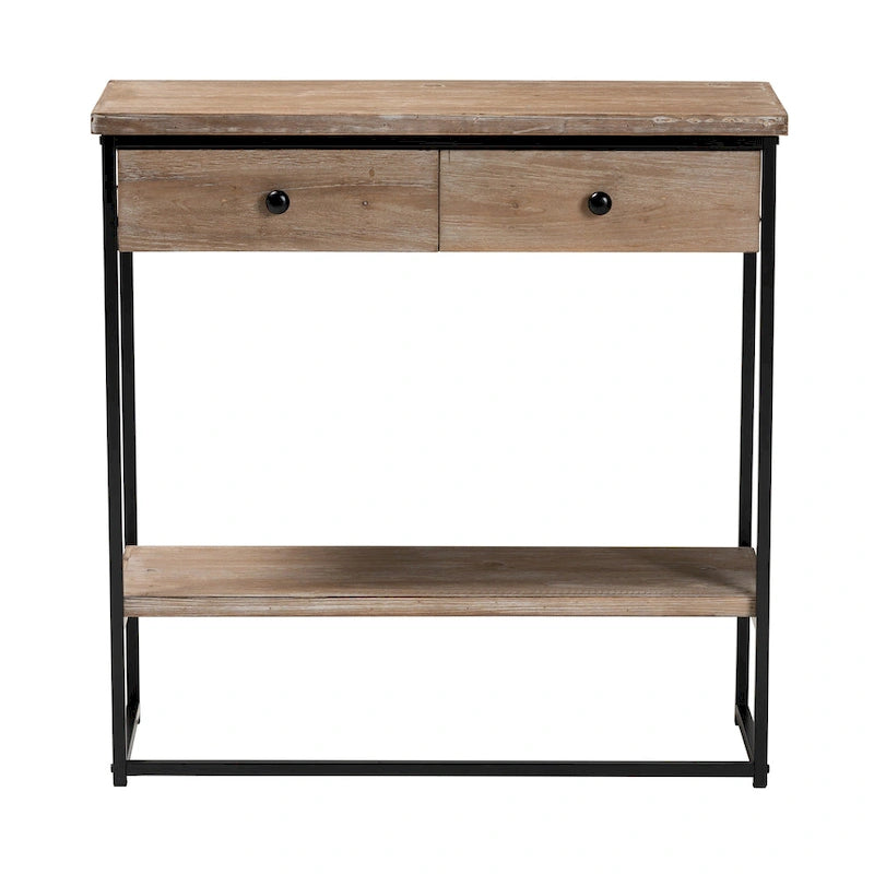 Consolle Silas moderna industriale con 2 cassetti in legno marrone naturale e metallo nero