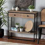 Consolle Silas moderna industriale con 2 cassetti in legno marrone naturale e metallo nero