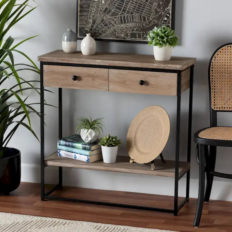 Consolle Silas moderna industriale con 2 cassetti in legno marrone naturale e metallo nero