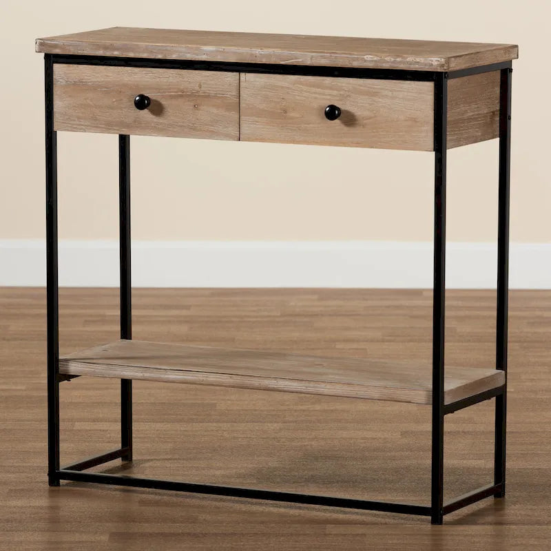 Consolle Silas moderna industriale con 2 cassetti in legno marrone naturale e metallo nero