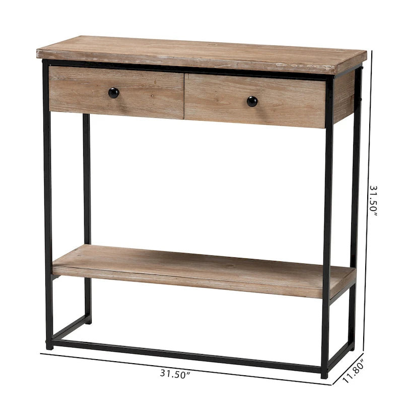 Consolle Silas moderna industriale con 2 cassetti in legno marrone naturale e metallo nero