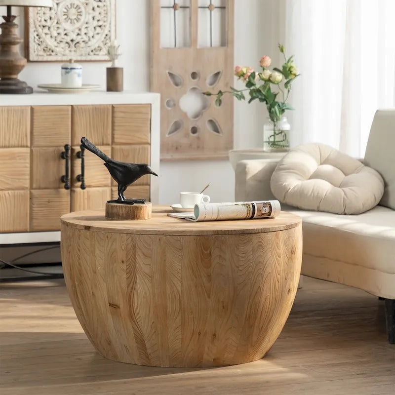 Vintage Style Bucket Drum Shaped Wooden Coffee Table