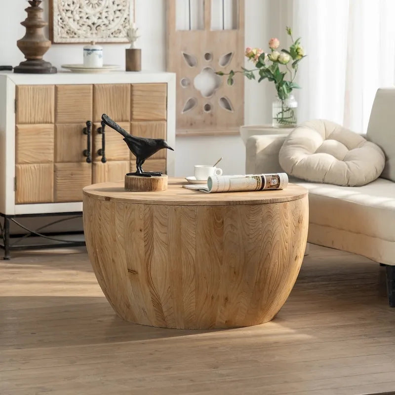 Vintage Style Bucket Drum Shaped Wooden Coffee Table