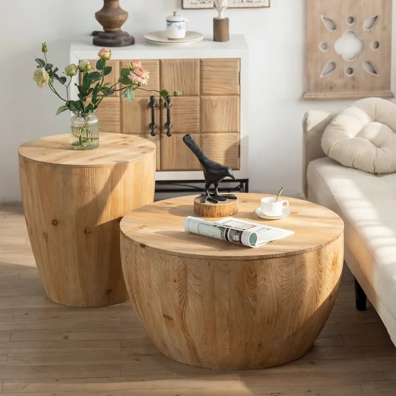Vintage Style Bucket Drum Shaped Wooden Coffee Table