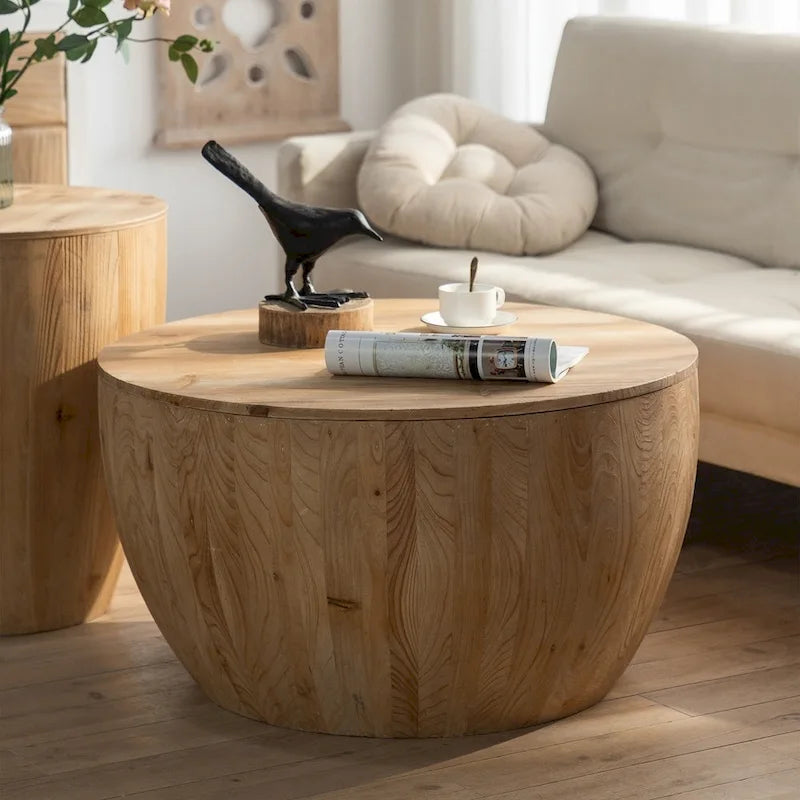 Vintage Style Bucket Drum Shaped Wooden Coffee Table