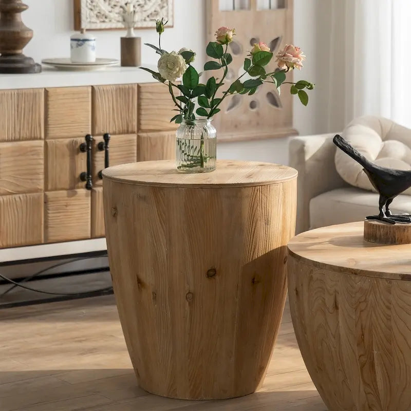 Vintage Style Bucket Drum Shaped Wooden Coffee Table