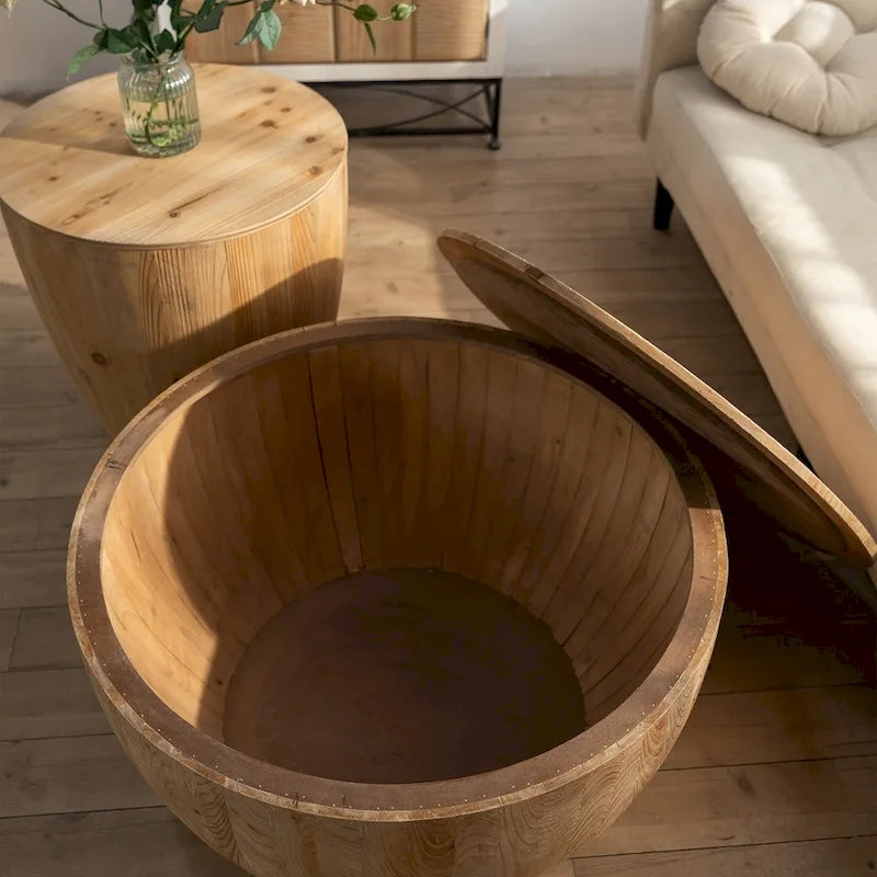 Vintage Style Bucket Drum Shaped Wooden Coffee Table