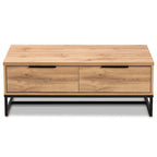 Franklin Oak Brown Wood and Black Metal 2-Drawer Coffee Table