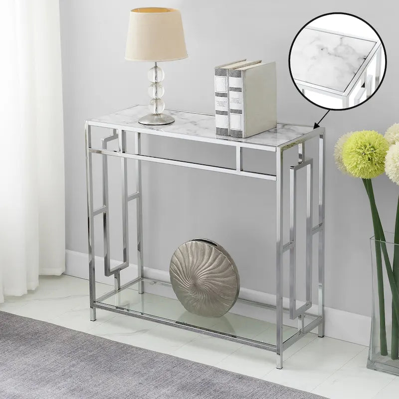 Convenience Concepts Town Square Consolle con ripiano in vetro, finto marmo e cromo