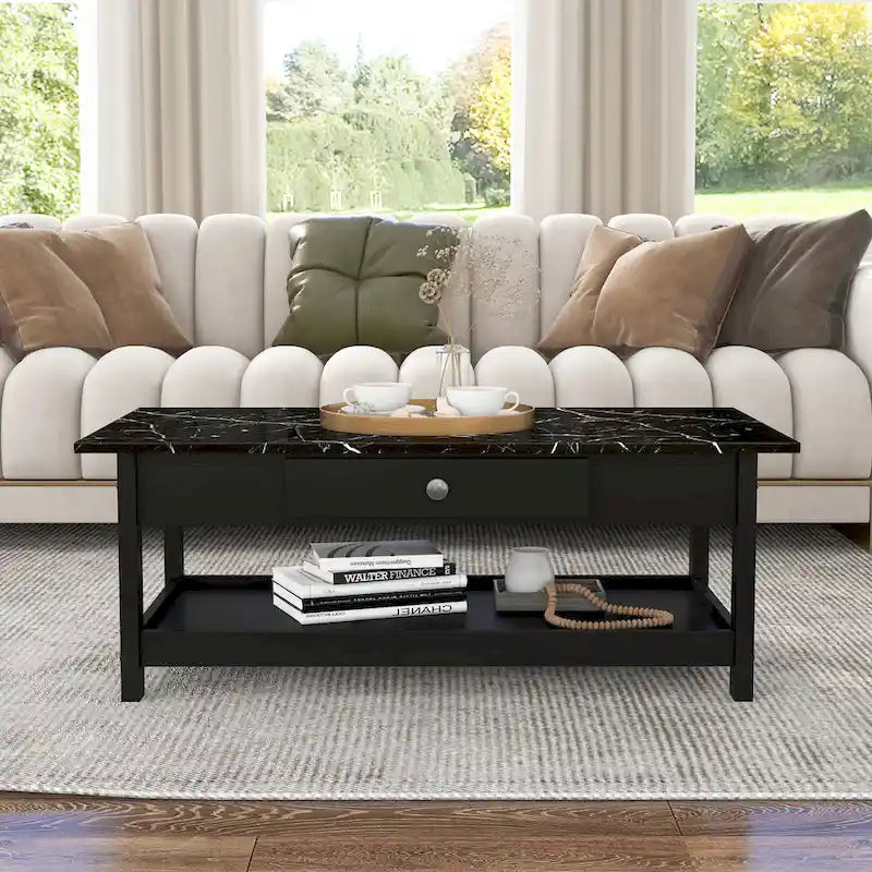 DH BASIC Transitional Rubberwood 3-Piece Open-Shelf Coffee Table and End Table Set with Drawer by Denhour
