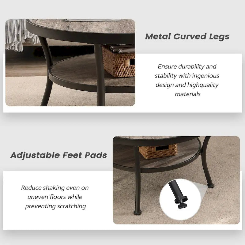 Myhozm Rustic Round End Table with Storage, Industrial Side Table for Living Room