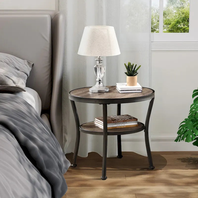 Myhozm Rustic Round End Table with Storage, Industrial Side Table for Living Room