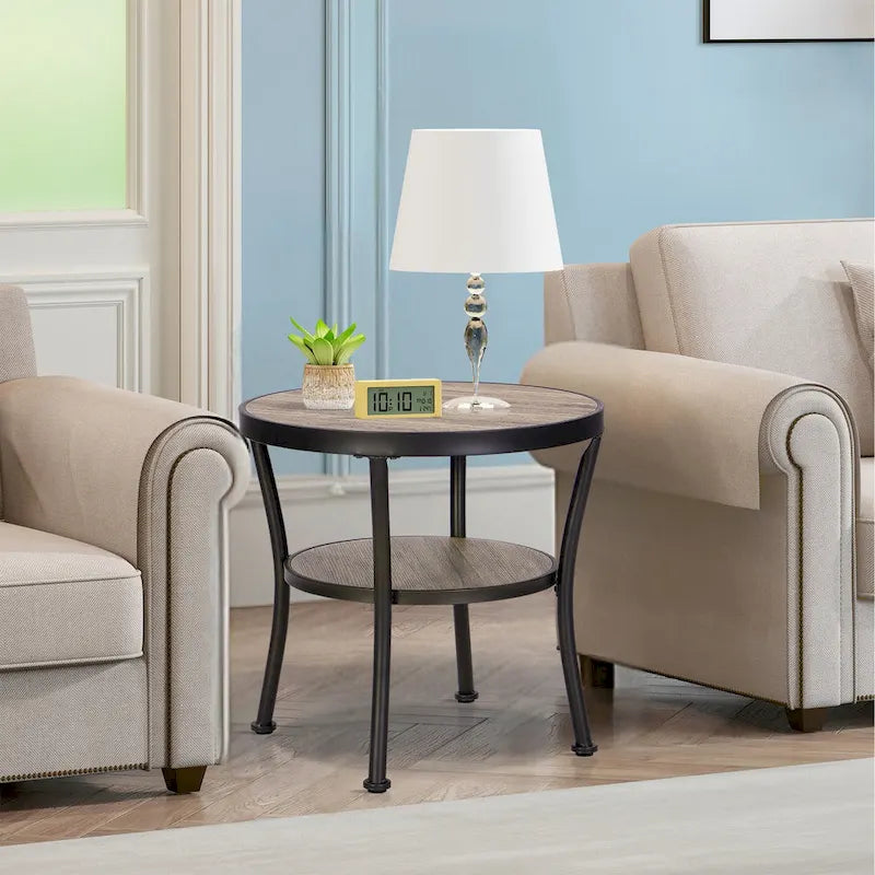 Myhozm Rustic Round End Table with Storage, Industrial Side Table for Living Room