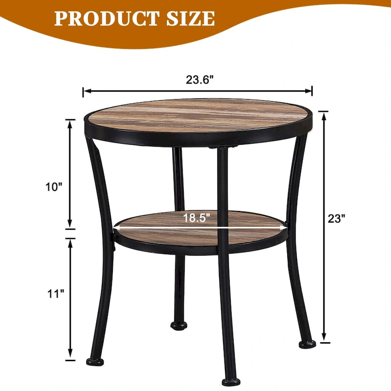 Myhozm Rustic Round End Table with Storage, Industrial Side Table for Living Room