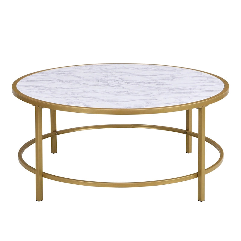 Tavolino da caffè rotondo Carolina Living Verazano con piano in simil marmo, 36 pollici - Oro