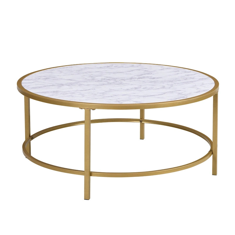 Tavolino da caffè rotondo Carolina Living Verazano con piano in simil marmo, 36 pollici - Oro