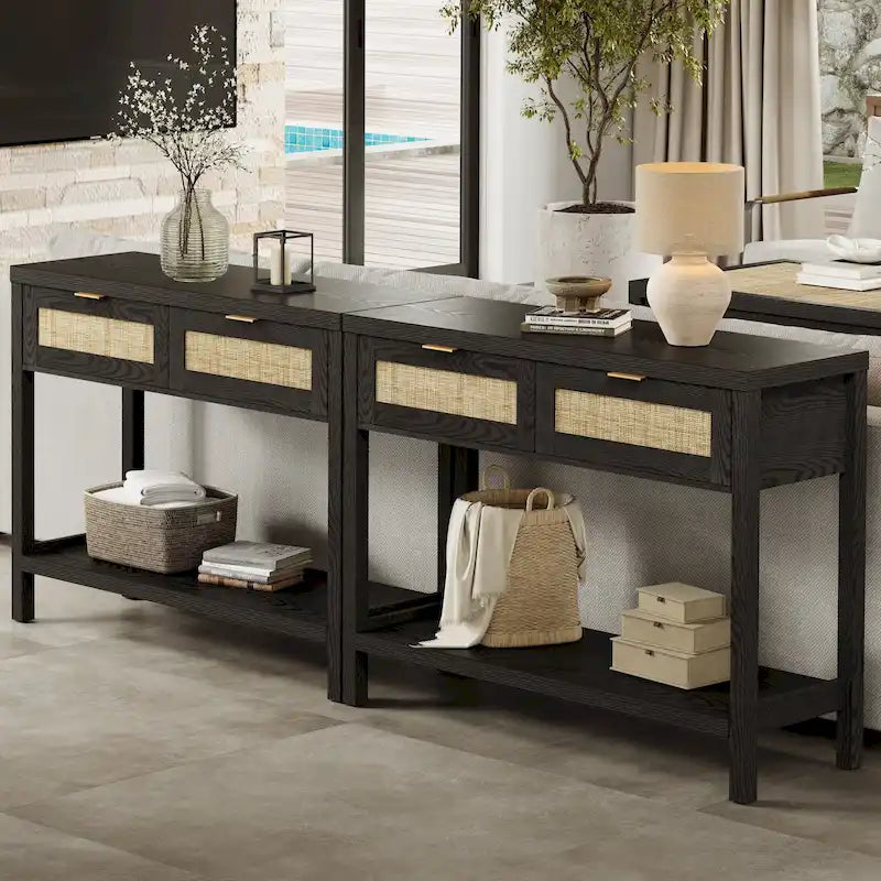 SICOTAS Consolle in Rattan con 2 Cassetti e Ripiani - 30 x 39,4 x 13,8