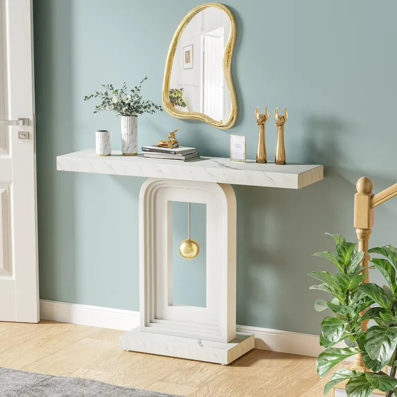 Consolle moderna con base geometrica, tavolino stretto da 100 cm con decorazioni dorate per soggiorno, ingresso, corridoio