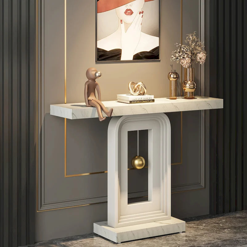 Consolle moderna con base geometrica, tavolino stretto da 100 cm con decorazioni dorate per soggiorno, ingresso, corridoio