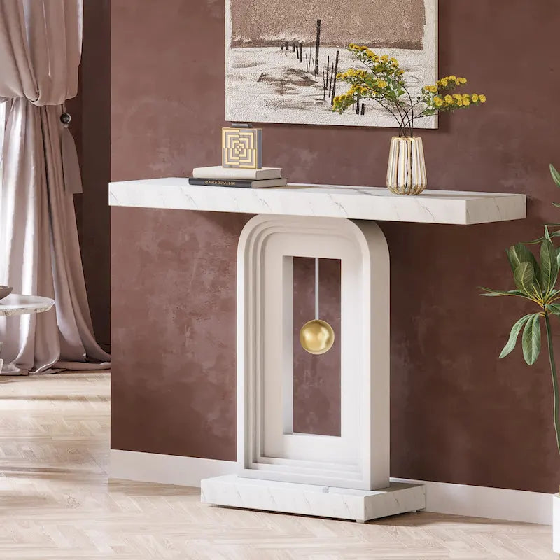Consolle moderna con base geometrica, tavolino stretto da 100 cm con decorazioni dorate per soggiorno, ingresso, corridoio