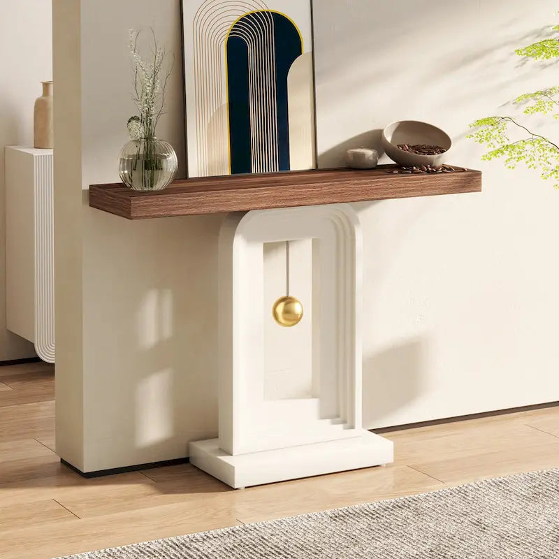 Consolle moderna con base geometrica, tavolino stretto da 100 cm con decorazioni dorate per soggiorno, ingresso, corridoio