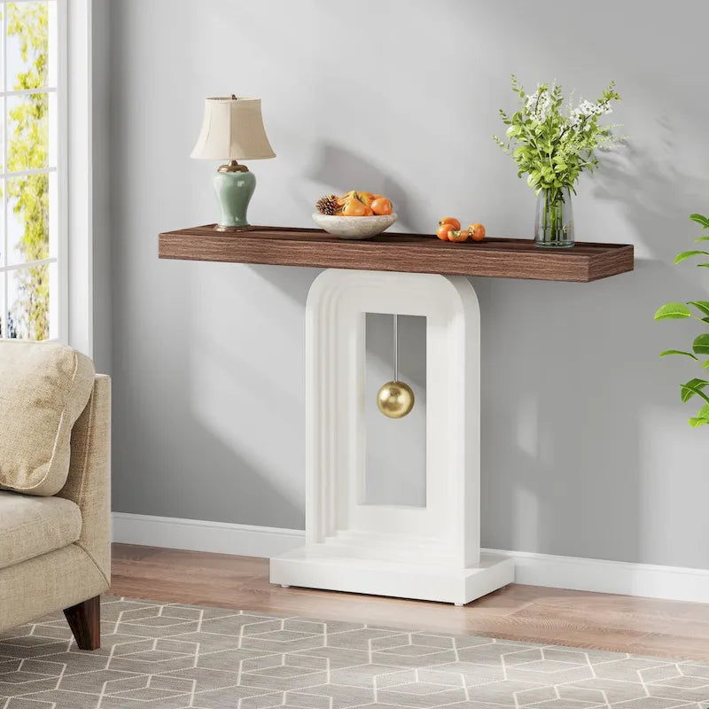 Consolle moderna con base geometrica, tavolino stretto da 100 cm con decorazioni dorate per soggiorno, ingresso, corridoio