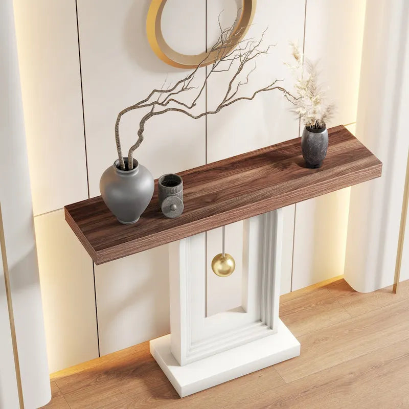 Consolle moderna con base geometrica, tavolino stretto da 100 cm con decorazioni dorate per soggiorno, ingresso, corridoio