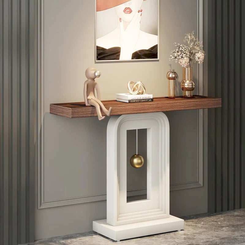 Consolle moderna con base geometrica, tavolino stretto da 100 cm con decorazioni dorate per soggiorno, ingresso, corridoio