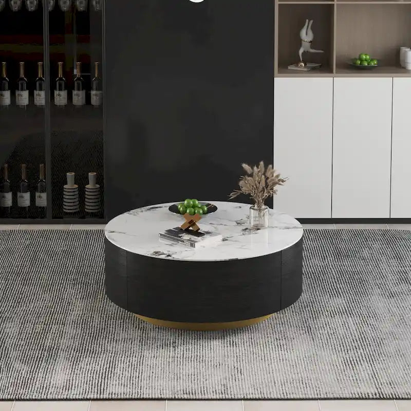 Tavolino da caffè moderno a tamburo con impiallacciatura in rovere, tavolino da caffè in pietra sinterizzata con 2 cassetti in legno massello