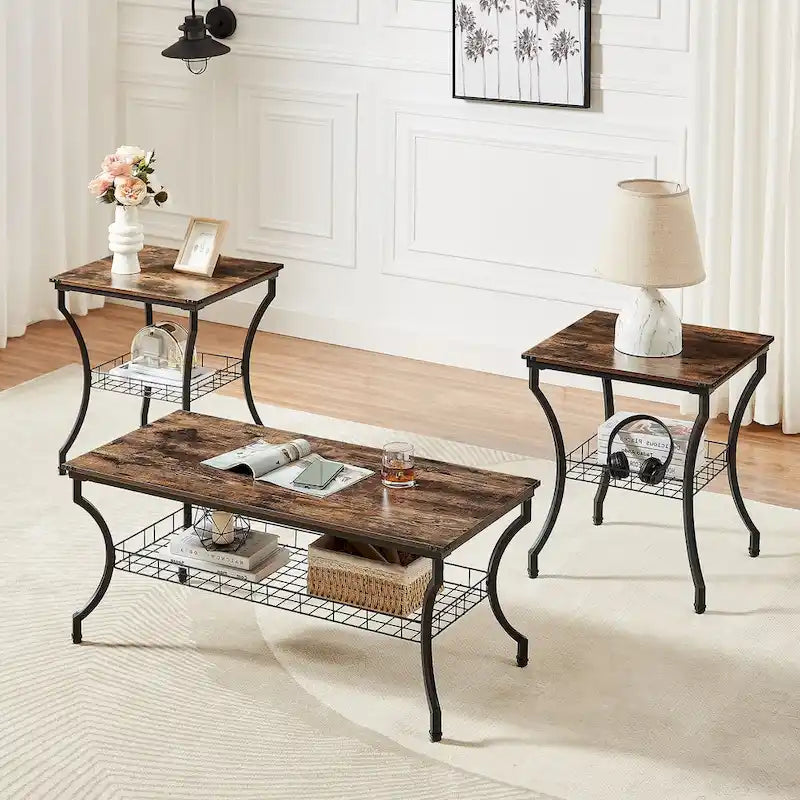 3-Piece Occasional Coffee Table Set, Vintage Living Room Set with 2 End Table
