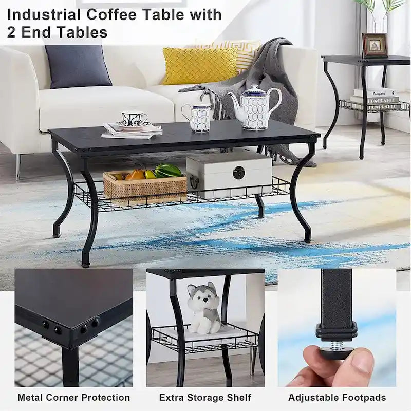 3-Piece Occasional Coffee Table Set, Vintage Living Room Set with 2 End Table