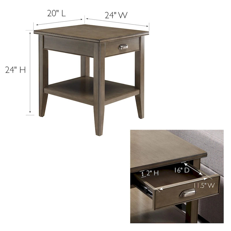 Tavolino in legno massello Laurent da 50 cm con ripiano e cassetto