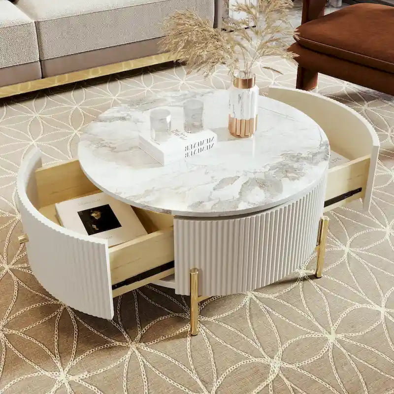 Tavolino da caffè rotondo moderno con 2 ampi cassetti contenitori