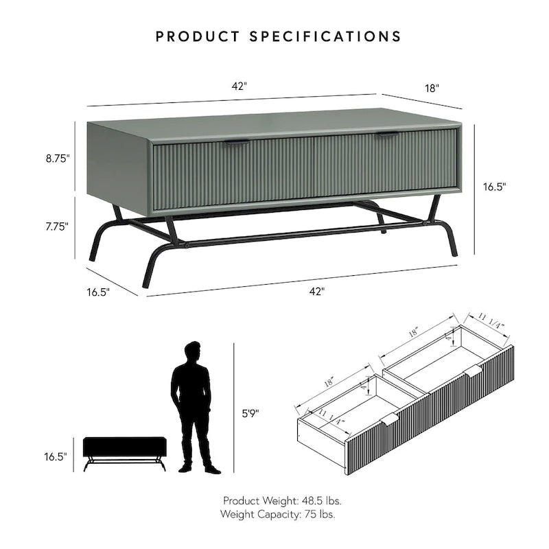 Tavolino da Caffè DH BASIC Modern 42 pollici a 2 Cassetti con Gambe in Metallo di Denhour
