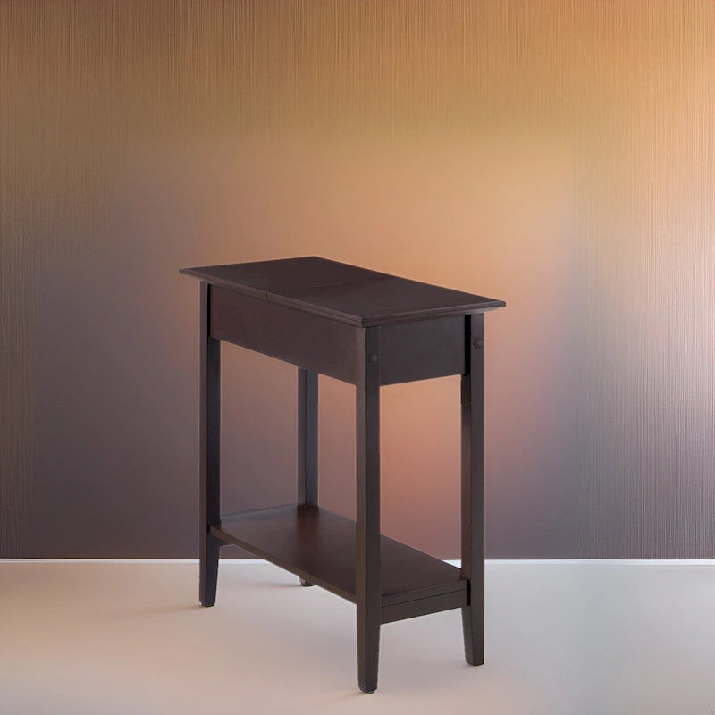 Tavolino Laterale in Legno con Ribalta, Ampio Contenitore, Design Compatto Salvaspazio e Comodo Ripiano