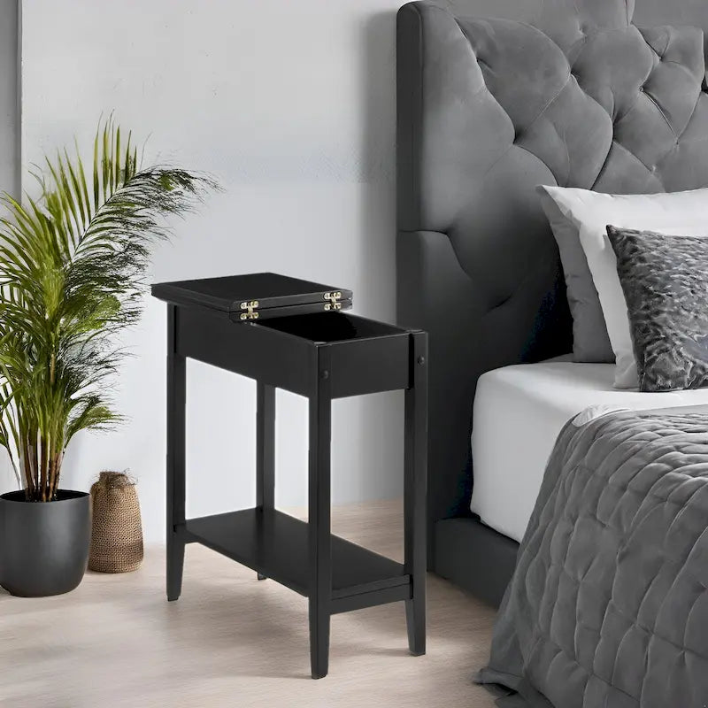 Tavolino Laterale in Legno con Ribalta, Ampio Contenitore, Design Compatto Salvaspazio e Comodo Ripiano