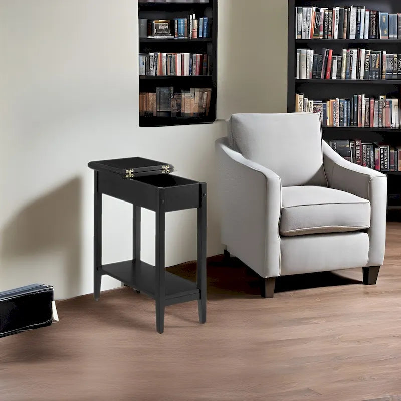Tavolino Laterale in Legno con Ribalta, Ampio Contenitore, Design Compatto Salvaspazio e Comodo Ripiano