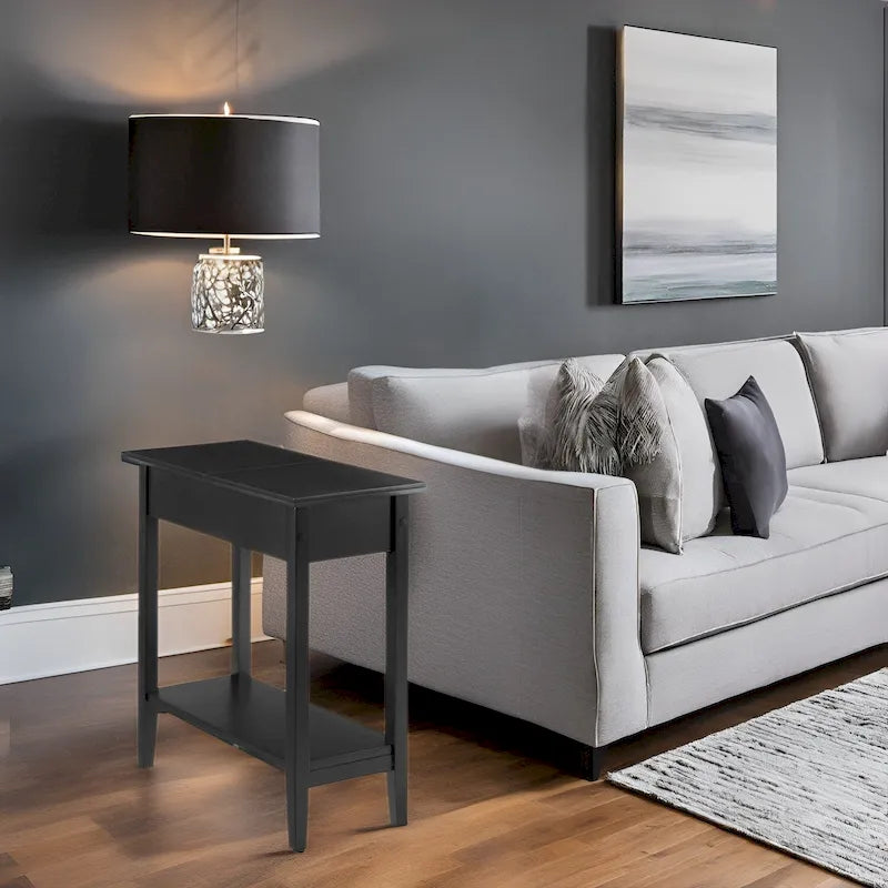 Tavolino Laterale in Legno con Ribalta, Ampio Contenitore, Design Compatto Salvaspazio e Comodo Ripiano