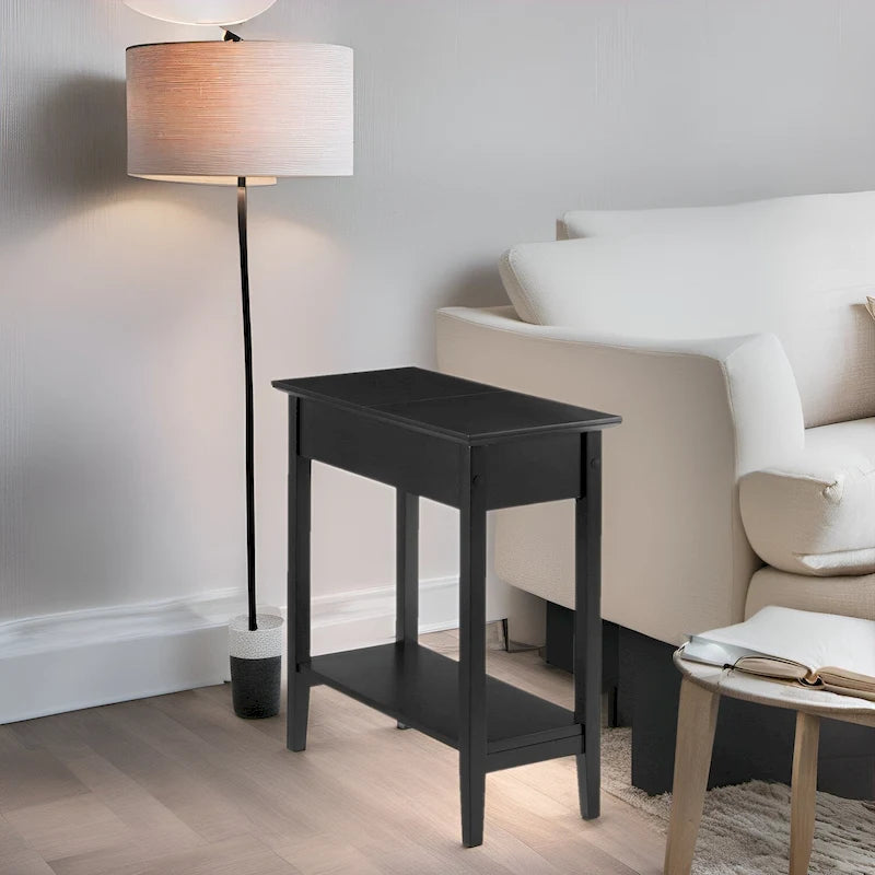 Tavolino Laterale in Legno con Ribalta, Ampio Contenitore, Design Compatto Salvaspazio e Comodo Ripiano