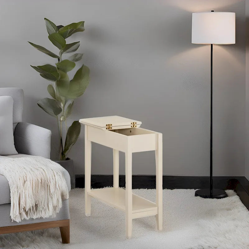 Tavolino Laterale in Legno con Ribalta, Ampio Contenitore, Design Compatto Salvaspazio e Comodo Ripiano