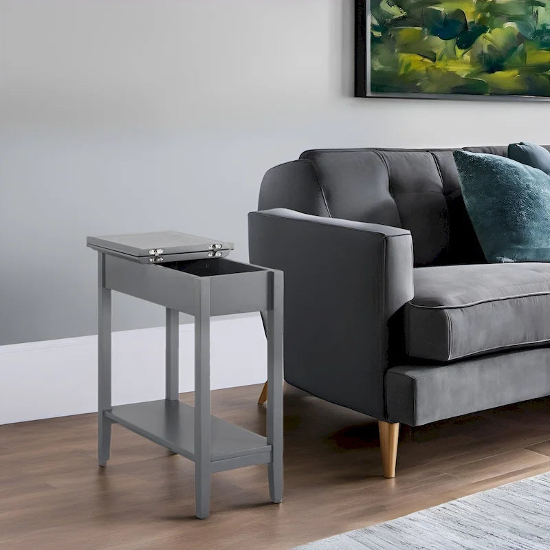 Tavolino Laterale in Legno con Ribalta, Ampio Contenitore, Design Compatto Salvaspazio e Comodo Ripiano