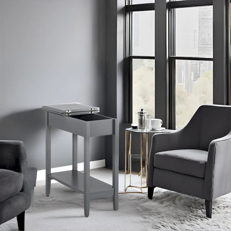 Tavolino Laterale in Legno con Ribalta, Ampio Contenitore, Design Compatto Salvaspazio e Comodo Ripiano