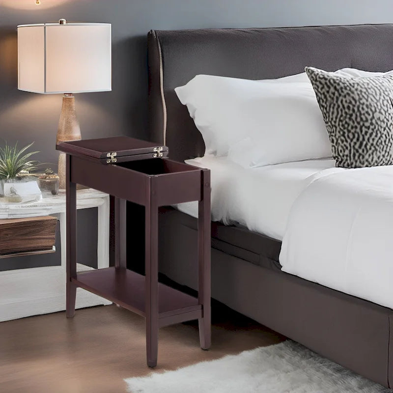 Tavolino Laterale in Legno con Ribalta, Ampio Contenitore, Design Compatto Salvaspazio e Comodo Ripiano
