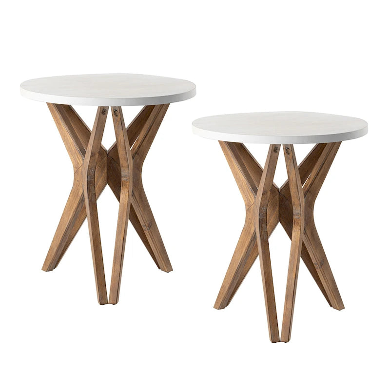 COZAYH Pedestal Farmhouse End Table Set of 2, Distressed White Top with Base for Modern Farmhouse, Boho Decor, Round