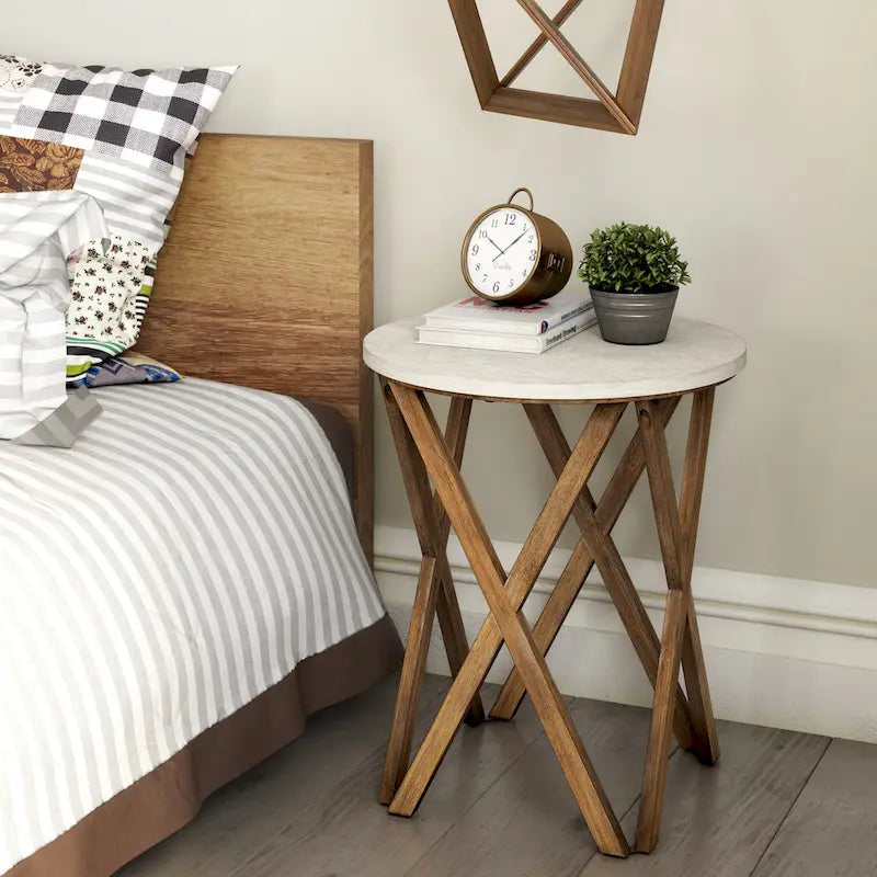 COZAYH Tavolino da Salotto Rotondo con Piedistallo in Stile Rustico, Set da 2, Piano Bianco Anticatura con Base per Arredamento Moderno, Boho