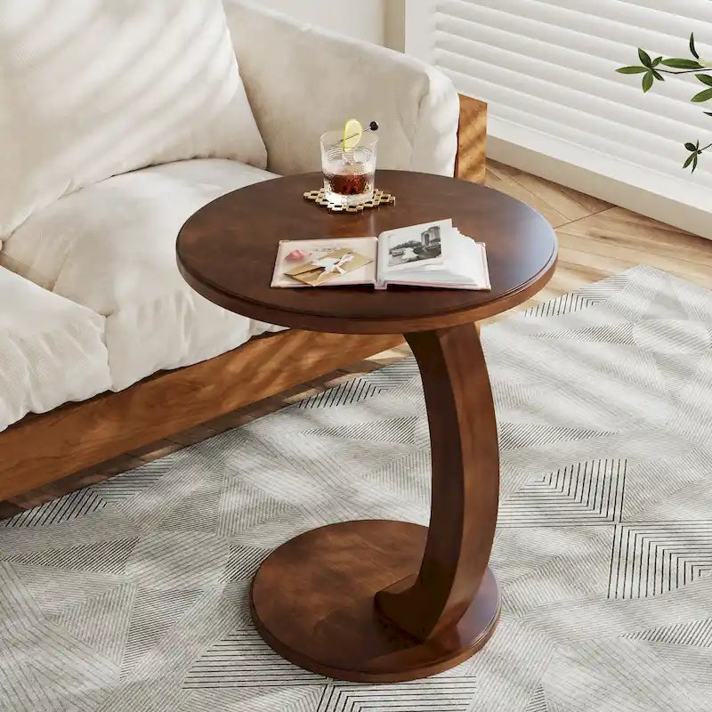Tavolino rotondo, Tavolino a C in legno, Tavolino vintage da divano