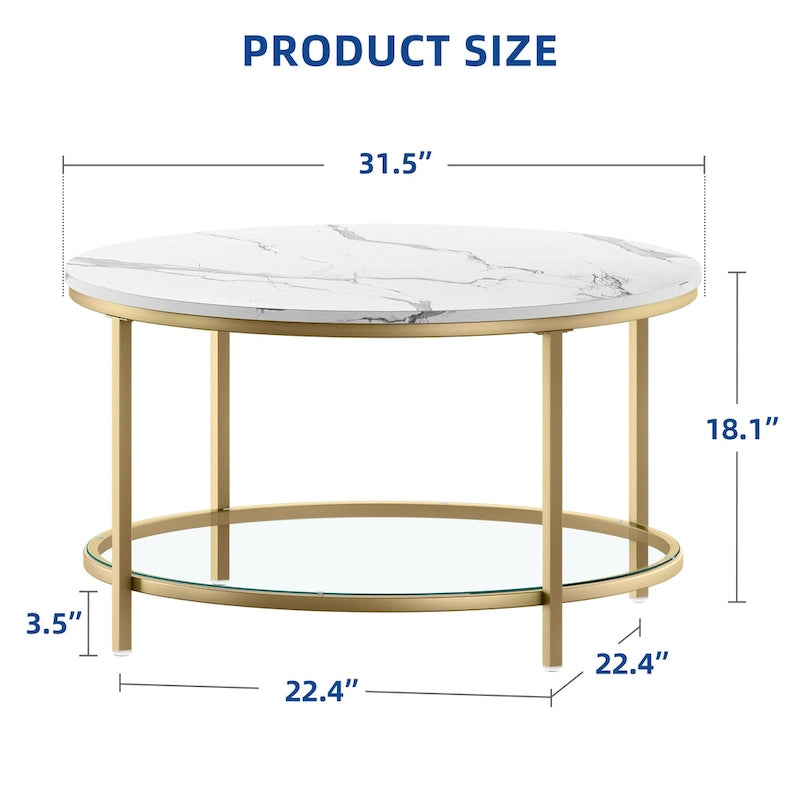Tavolino rotondo con motivo in marmo bianco, piano in vetro e struttura dorata a 2 ripiani circolari
