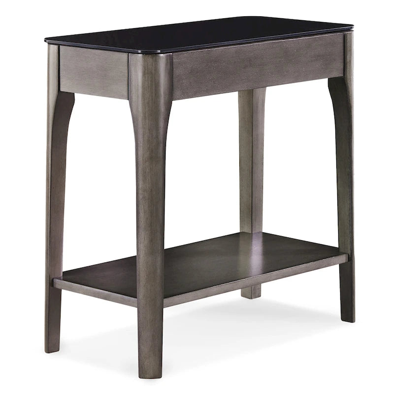 Tavolino stretto Hemer Copper Grove con ripiano in vetro nero