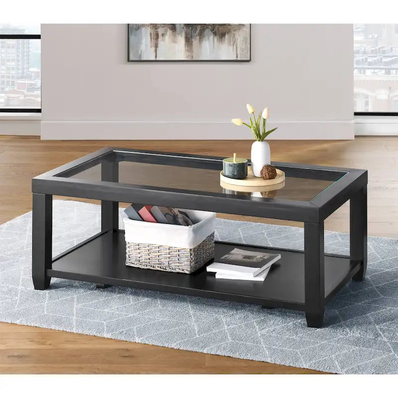 Tavolino da caffè Cordero con ripiano in legno e vetro, larghezza 122 cm