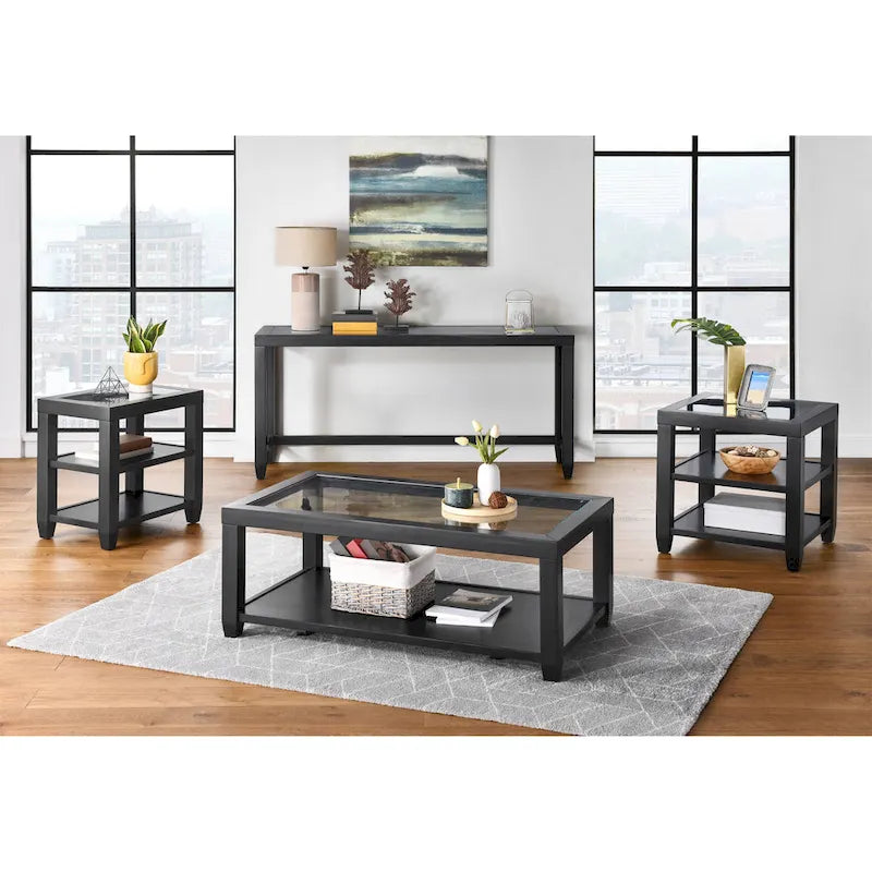 Tavolino da caffè Cordero con ripiano in legno e vetro, larghezza 122 cm
